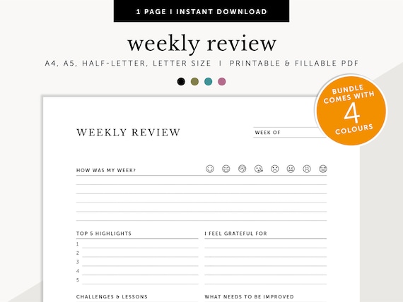 Weekly Review, Weekly Reflection, Weekly Assessment, Weekly Journal, Weekly Progress Update, Fillable & Printable, A4/A5/Letter/Half Size