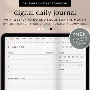 May include: A digital daily journal with a calendar, meal tracker, mood tracker, water intake tracker, and sleep tracker. The journal is compatible with Goodnotes and Notability. It includes a free sticker set and 24 cover options.
