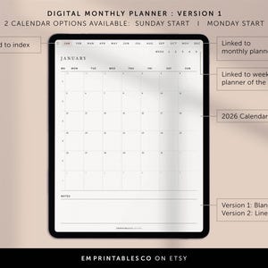 May include: A digital monthly planner for 2026 with a January calendar displayed. The planner has two versions: one with blank notes and one with lined notes. The planner is available in two formats: Sunday start and Monday start.