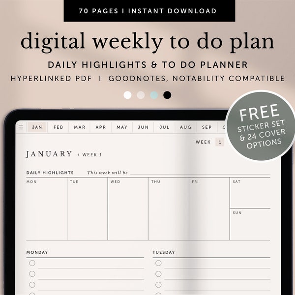 Digital Weekly To do Planner, Weekly Dashboard, Weekly Checklist, Goodnotes Planner, Notability Planner, IPad Planner, Hyperlinked PDF