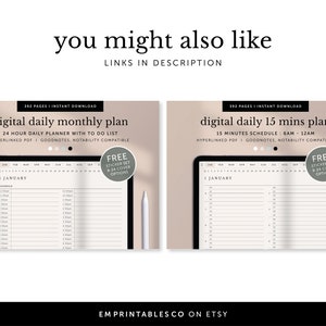 May include: Two digital planner designs for a tablet. The first design is a 24-hour daily planner with a to-do list. The second design is a 15-minute schedule from 6 AM to 12 AM. Both designs include a calendar overview and a free sticker set with 24 cover options.
