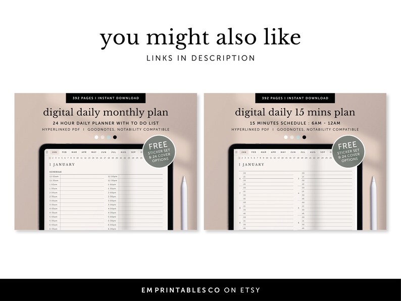 May include: Two digital planner designs for a tablet. The first design is a 24-hour daily planner with a to-do list. The second design is a 15-minute schedule from 6 AM to 12 AM. Both designs include a calendar overview and a free sticker set with 24 cover options.