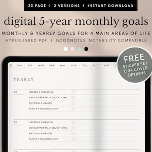Digital 5-year Journal, 5-year, Goals, Goals for 4 Main Areas of Life, Monthly Goals, Yearly Goals, Goodnotes, iPad, Hyperlinked PDF