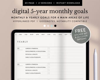 Digital 5-year Journal, 5-year, Goals, Goals for 4 Main Areas of Life, Monthly Goals, Yearly Goals, Goodnotes, iPad, Hyperlinked PDF