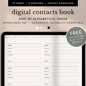 Alphabetical Contacts Book, Address Book, Digital Contact Information, Goodnotes Planner, Notability Planner, iPad Planner, Hyperlinked PDF