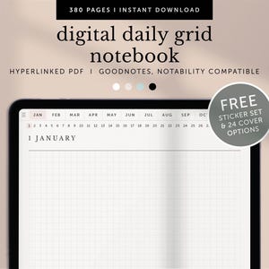 Könnte beinhalten: Digitales tägliches Raster-Notizbuch auf einem Tablet. Der Bildschirm zeigt ein Rasterlayout mit dem Datum "1. Januar" oben. Kompatibel mit GoodNotes und Notability. Enthält ein kostenloses Sticker-Set und 24 Cover-Optionen.