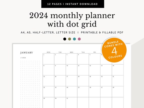 2024 Monthly Planner With Dot Grid, Monthly Journal, 2024 Monthly Calendar, Fillable & Printable Planner, Planner, A4/a5/letter/half Size - Etsy