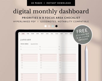 Digital Monthly Dashboard, Digital Monthly Checklist, Monthly To do with Focus Area, Goodnotes Planner, Notability, Ipad, Hyperlinked PDF