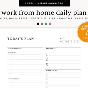 Work From Home Daily Planner, Printable planner, Planner set, Planner Inserts, Fillable Planner, A4/A5/Letter/Half Size