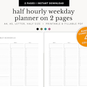 May include: A printable weekly schedule planner with half-hour time slots. The planner is designed for weekdays and includes a to-do list and notes section. The planner is available in four colours.