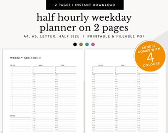 Weekday Schedule on 2 pages, Half Hourly Weekday Planner, Appointment Tracker, Fillable & Printable Planner Inserts, A4/A5/Letter/Half Size