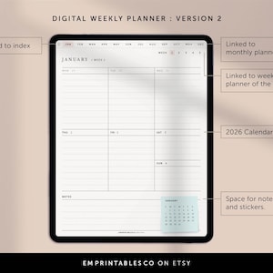 May include: A digital weekly planner with a black frame and a white background. The planner is for January and includes a calendar for the entire year 2026. The planner is linked to a monthly planner and a weekly planner.