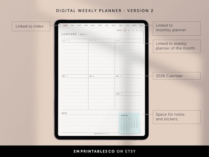 May include: A digital weekly planner with a black frame and a white background. The planner is for January and includes a calendar for the entire year 2026. The planner is linked to a monthly planner and a weekly planner.