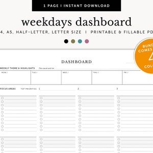 Descripción general del proyecto, Descripción general del panel de control de días de la semana, Planificador de proyectos, Agenda semanal, Insertos de planificador para rellenar e imprimir, A4/A5/Carta/Tamaño medio