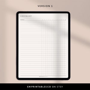May include: A digital checklist on a black tablet. The checklist has a grid of horizontal lines for details and vertical columns numbered 1 to 12. The word "CHECKLIST" is at the top. The background is a light beige.