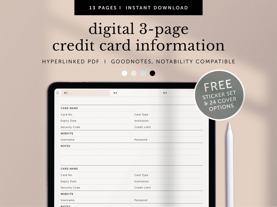Digital Credit Card Logbook, Credit Card List, Credit Card Information ...