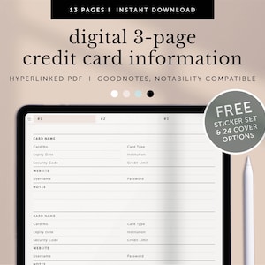 Libro de registro de tarjetas de crédito digital, Lista de tarjetas de crédito, Libro de información de tarjetas de crédito, Registro de tarjetas de crédito, Planificador de Goodnotes, Notabilidad, PDF hipervinculado