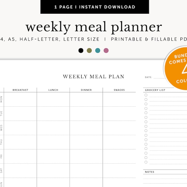 Weekly Meal Planner, Meal Prep Planner, Grocery Shopping List, Food Schedule, Fillable & Printable, Planner Inserts, A4/A5/Letter/Half Size