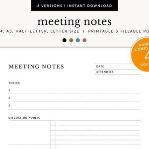 Plantilla de notas de reunión, agenda de reunión, punteros de reunión, actas de reuniones, inserciones de planificador rellenables e imprimibles, tamaño A4 / A5 / carta / medio tamaño
