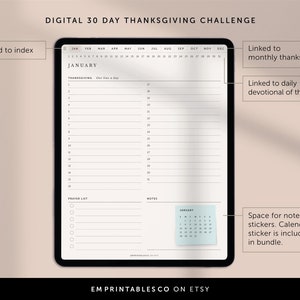 May include: A digital printable 30-day Thanksgiving challenge planner with a calendar, prayer list, and notes section. The planner is designed for January and includes a linked index, monthly thanksgiving, and daily devotional of the month.