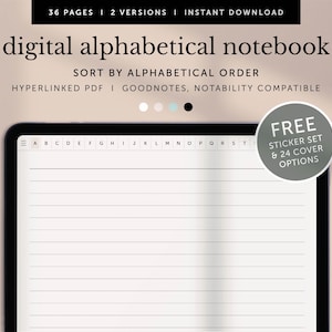 Taccuino alfabetico digitale, Pagine per prendere appunti, Modello di note, Pianificatore Goodnotes, Pianificatore di notabilità, Pianificatore per iPad, PDF con collegamento ipertestuale