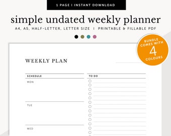 Weekly To do List, Minimalist Weekly Plan, Weekly Planner, Weekly Schedule, Fillable & Printable, Planner Inserts, A4/A5/Letter/Half Size