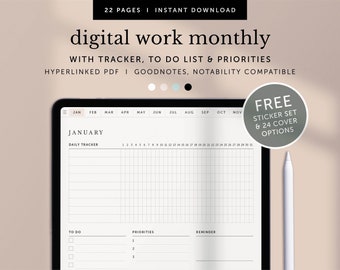 Digital Work Monthly Planner, Tasks Tracker, Productivity Monthly Overview, Monthly To do, Goodnotes Planner, Notability, Hyperlinked PDF