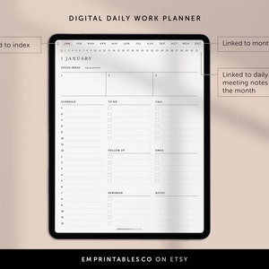 Puede incluir: Un planificador de trabajo diario digital en la pantalla de una tableta. El planificador tiene secciones para la agenda, tareas pendientes, llamadas, seguimiento, correo electr&oacute;nico, recordatorios y notas. El planificador tambi&eacute;n incluye un calendario para el a&ntilde;o, con la fecha actual resaltada. El planificador est&aacute; vinculado a una p&aacute;gina mensual y a las notas de las reuniones diarias.