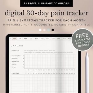 May include: A digital pain tracker for each month of the year. The tracker is designed for use with Goodnotes and Notability apps. The image shows a close-up of the January page, which includes a pain level scale and a grid for tracking symptoms. The tracker also includes a free sticker set and 24 cover options.