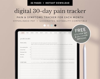 Digitale 30-daagse pijntracker, symptomentracker, gezondheidslogboek, medisch dagboek, maandelijkse gezondheidstracker, notabiliteit, Goodnotes, hyperlinked PDF