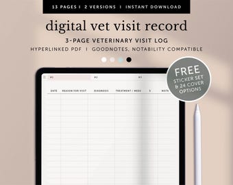Digital Vet Visit Log, Pet Visit Logbook, Digital Vet Appointment Record, Pet Doctor Record, Goodnotes Planner, Hyperlinked PDF