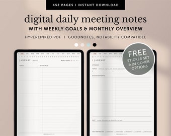 May include: A digital daily meeting notes template on a tablet screen. The template includes a calendar, weekly goals, and a section for action plans. The template is compatible with Goodnotes and Notability apps. The text "FREE STICKER SET & 24 COVER OPTIONS" is displayed in a gray circle.