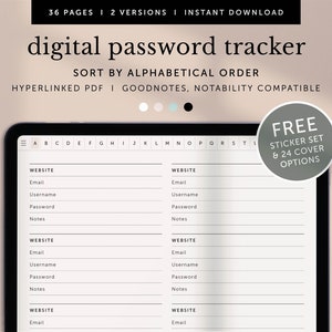 Digital Password Tracker, Alphabetical Password Tracker, Password Book, Goodnotes Planner, Notability Planner, iPad Planner, Hyperlinked PDF