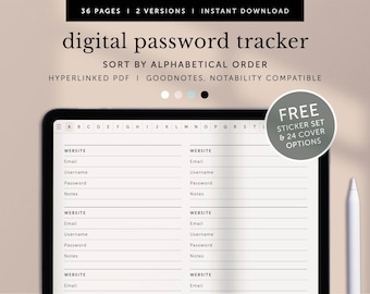 Digital Password Tracker, Alphabetical Password Tracker, Password Book, Goodnotes Planner, Notability Planner, iPad Planner, Hyperlinked PDF