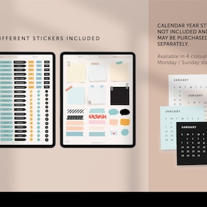 May include: Two digital planners with 140 different stickers, including notes, washi tape, and arrows. The planners are on a light brown background. The text "140 DIFFERENT STICKERS INCLUDED" is at the top of the image.
