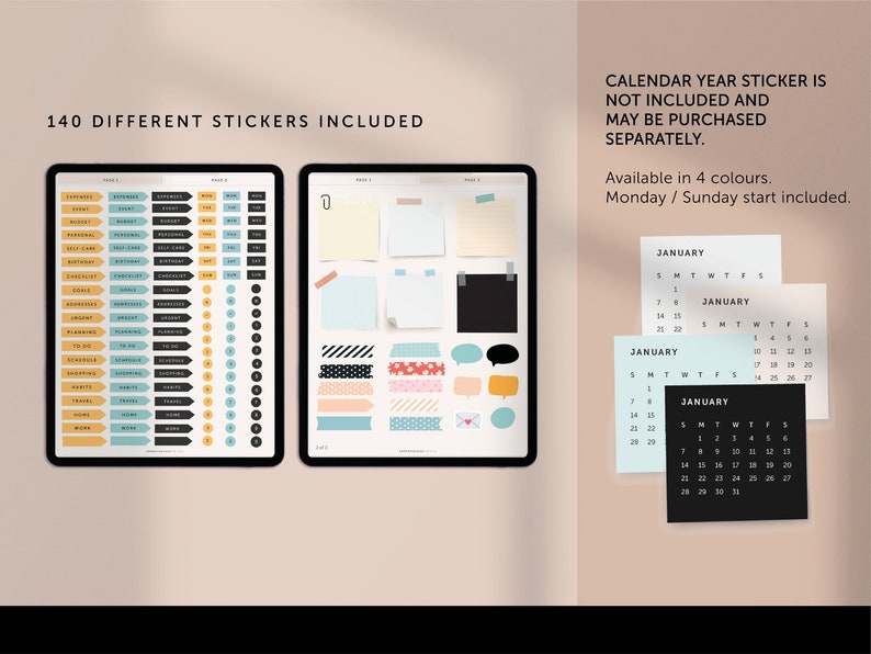 May include: Two digital planners with 140 different stickers, including notes, washi tape, and arrows. The planners are on a light brown background. The text "140 DIFFERENT STICKERS INCLUDED" is at the top of the image.