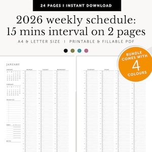 Può includere: Un programma settimanale stampabile del 2026 con intervalli di 15 minuti, mostrato su due pagine. Il design include un calendario per gennaio e febbraio, con spazio per priorità, abitudini e note. Il pacchetto viene fornito con 4 colori. Il testo recita "24 PAGINE | DOWNLOAD IMMEDIATO".