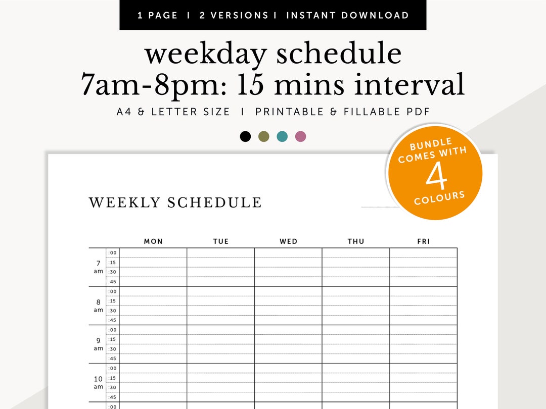 weekday-schedule-with-15-minutes-interval-7am-8pm-weekly-appointments-tracker-fillable-printable-weekly-planner-inserts-a4-letter-etsy