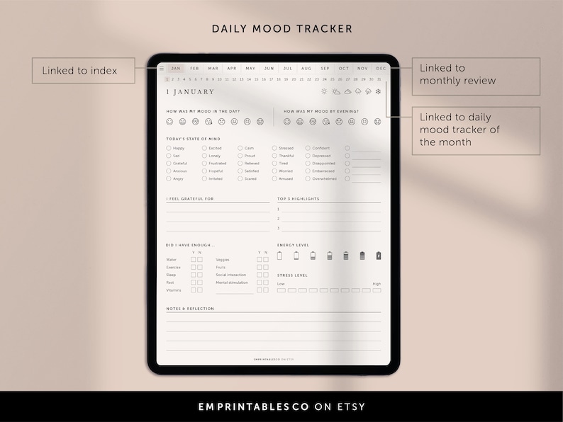 This digital daily mood tracker is perfect for anyone looking to improve their mental health, including those with ADHD, depression, or anxiety. With the ability to track your daily progress and a monthly review section.