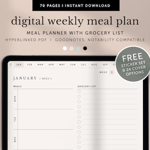 Digital Meal Planner with Grocery List, Goodnotes Weekly Meal Planner with Shopping List, Notability Planner, Ipad Planner, Hyperlinked PDF
