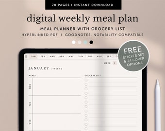 May include: A digital weekly meal planner on a tablet screen. The planner includes a grocery list and a meal planner for each day of the week. The planner is compatible with Goodnotes and Notability apps. The text on the screen reads "JANUARY / WEEK 1".