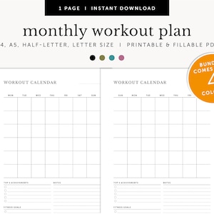 Monthly Workout Planner, Monthly Fitness Planner, Exercise Calendar, Fitness Log,  Fillable & Printable Planner, A4/A5/Letter/Half Size