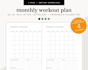 Planificador de entrenamiento mensual, planificador de fitness mensual, calendario de ejercicios, registro de fitness, planificador rellenable e imprimible, A4/A5/carta/tamaño medio