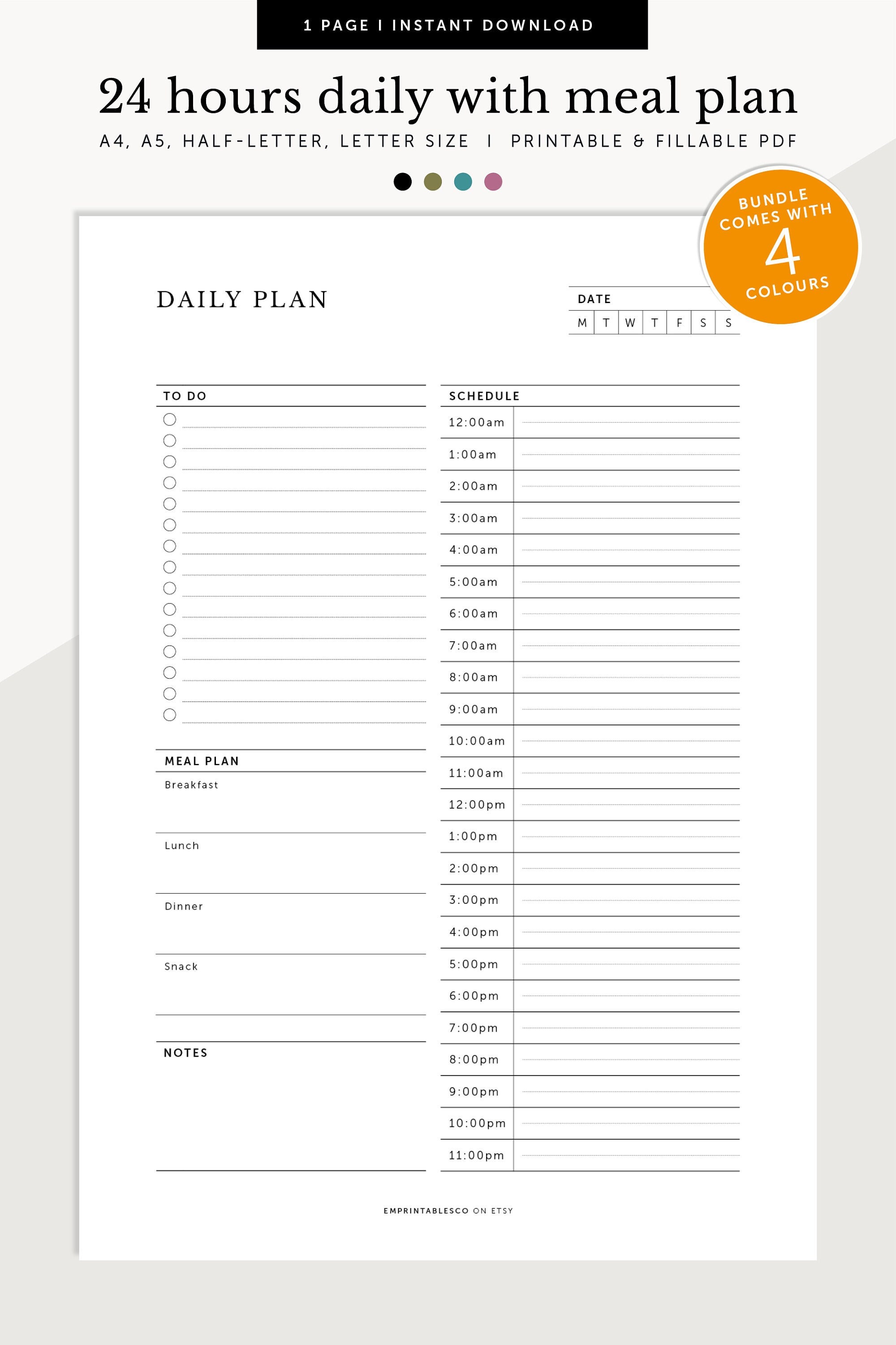 24 Hour Daily Planner With Meal Plan, 24hrs Daily Schedule, Daily