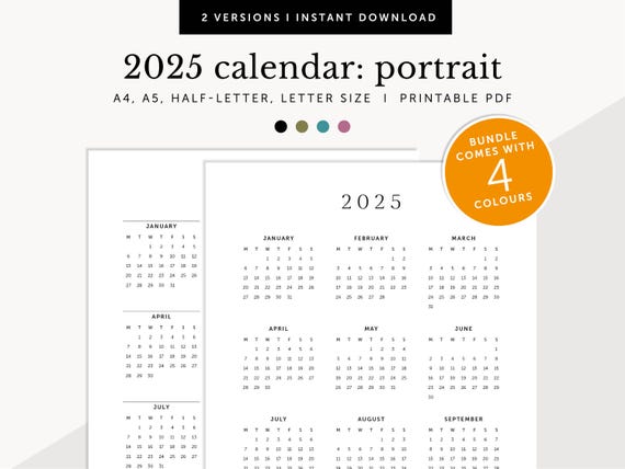 2025 Calendar, 2025 Wall Calendar, 2025 Desk Calendar, 2025 Planner, 2025 Printable Planner Inserts, A4/A5/Letter/Half Size