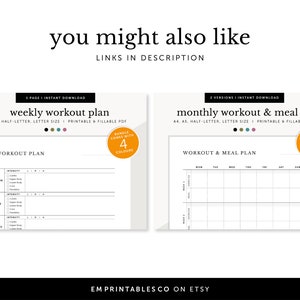 May include: Two printable workout planner templates. The first is a weekly workout plan with space to list workouts for Monday, Tuesday, and Wednesday. The second is a monthly workout and meal plan with space to list workouts and meals for each day of the week. Both templates come in four colors.
