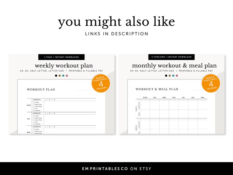 May include: Two printable workout planner templates. The first is a weekly workout plan with space to list workouts for Monday, Tuesday, and Wednesday. The second is a monthly workout and meal plan with space to list workouts and meals for each day of the week. Both templates come in four colors.