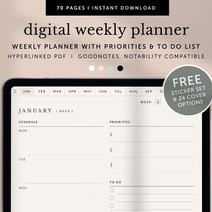 Puede incluir: Un planificador semanal digital en la pantalla de una tableta. El planificador es para enero e incluye secciones para el horario, las prioridades y una lista de tareas pendientes. El planificador es compatible con Goodnotes y Notability. Se incluye un conjunto de pegatinas gratuito y 24 opciones de portada.