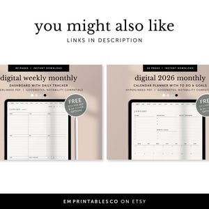 May include: Two digital planner designs displayed on a tablet screen. The first planner is a weekly and monthly dashboard with a daily tracker. The second planner is a monthly calendar planner with to-do lists and goals. Both planners include free sticker sets and cover options.