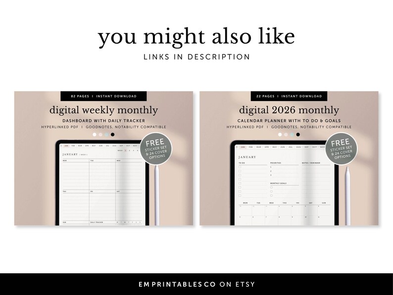 May include: Two digital planner designs displayed on a tablet screen. The first planner is a weekly and monthly dashboard with a daily tracker. The second planner is a monthly calendar planner with to-do lists and goals. Both planners include free sticker sets and cover options.